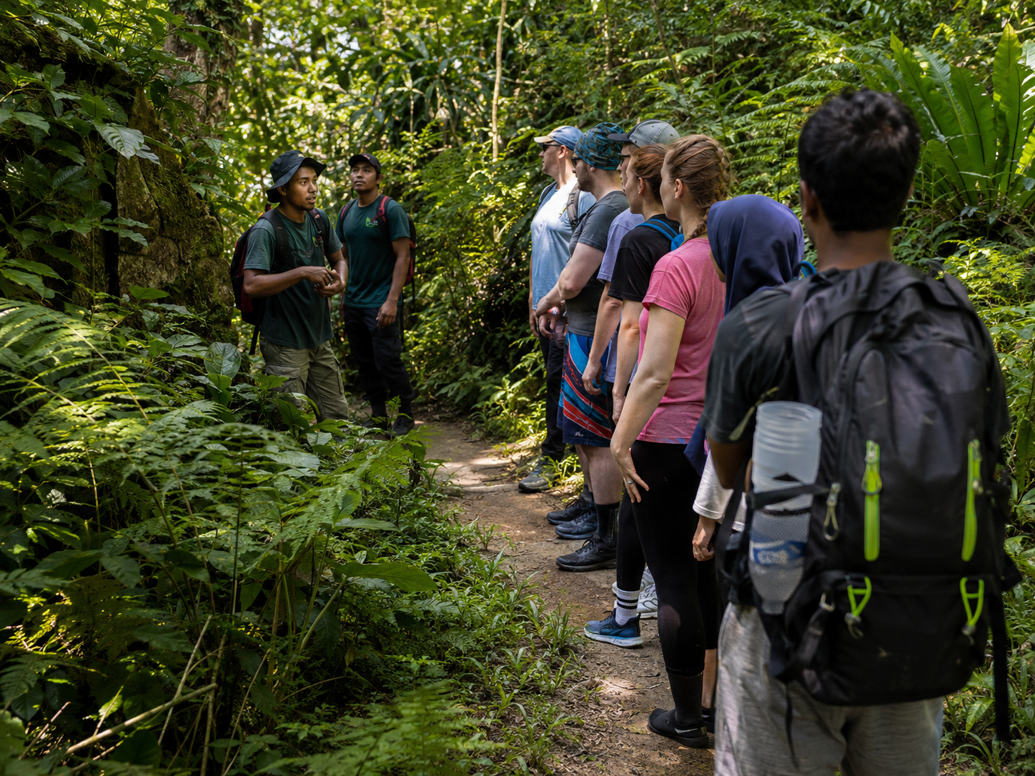 A local guide sharing rainforest knowledge with guests on a Bukit Lawang jungle trail