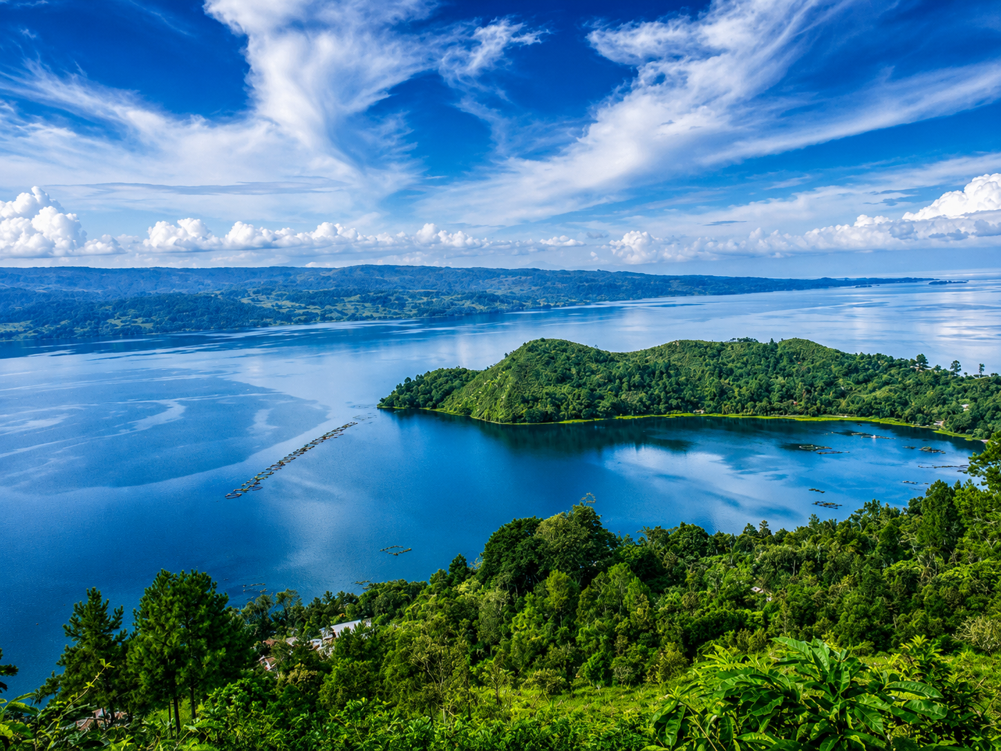 Panoramic view of Lake Toba and the green hills of Samosir Island